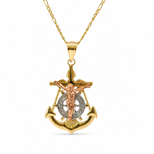 14KT Gold Charm Large Tri Tone Crucifix Anchor with Plain Bell