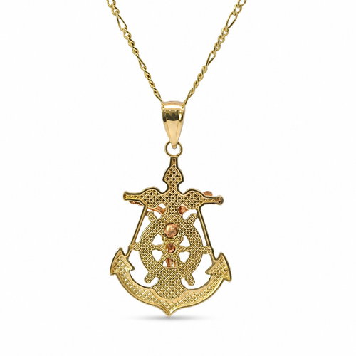 14KT Gold Charm Large Tri Tone Crucifix Anchor with Plain Bell