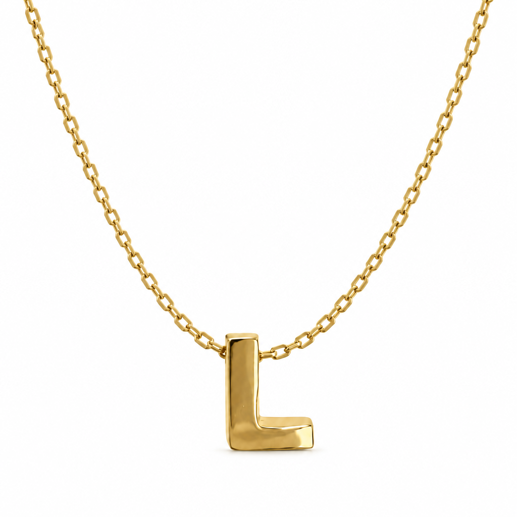 14KT Gold Solid Set Thin Chain Cable Link with Spring Lock Clasp and Single Block Font Uppercase Initial "L"