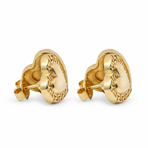 14KT Gold Earring Small Engravable Greek Border Heart with Push Back Post and Butterfly Backs
