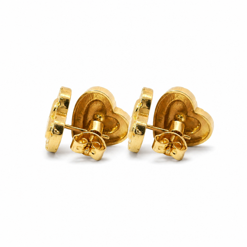 14KT Gold Earring Small Engravable Greek Border Heart with Push Back Post and Butterfly Backs
