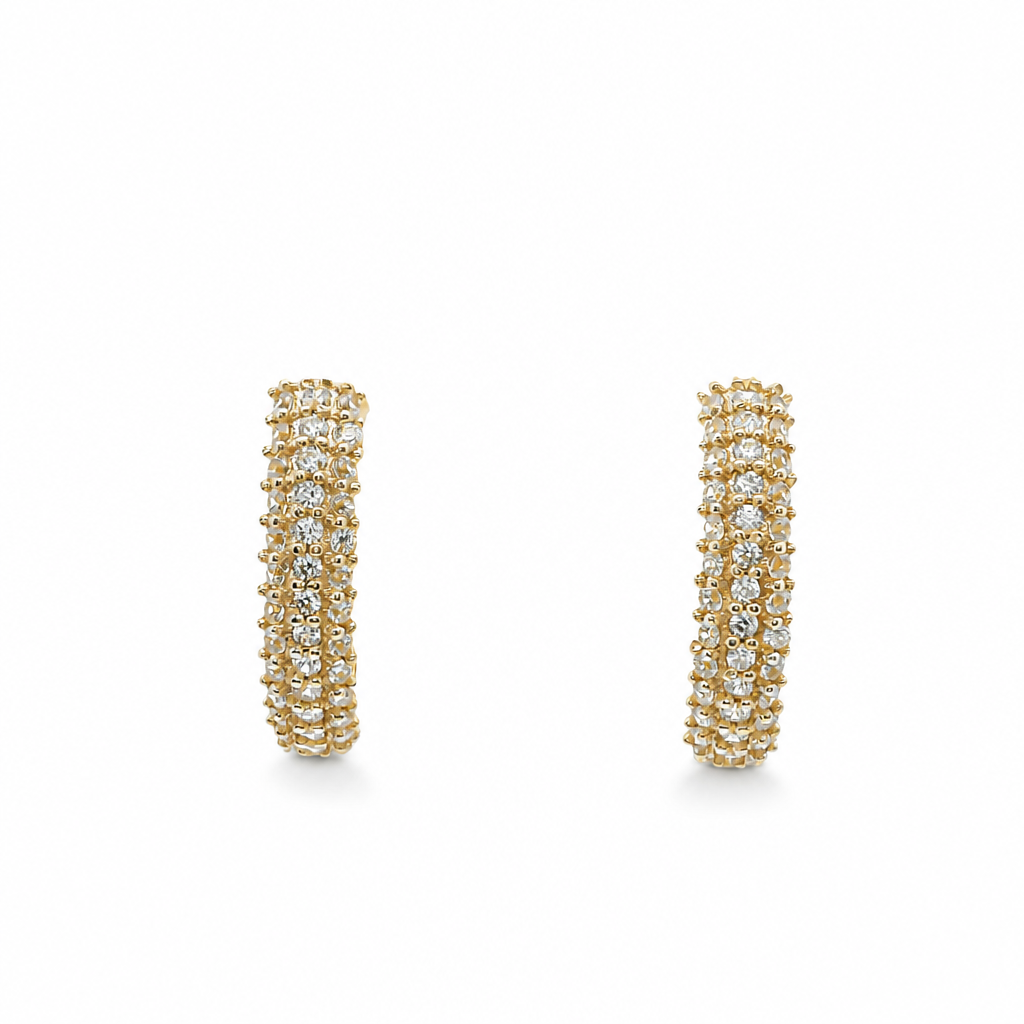 14KT Gold Earring Medium White CZ Stones Triple Row Two Tone Huggie