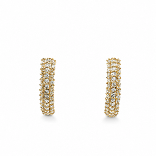 14KT Gold Earring Medium White CZ Stones Triple Row Two Tone Huggie