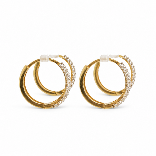 14KT Gold Earring Medium White CZ Stones Triple Row Two Tone Huggie