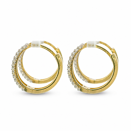 14KT Gold Earring Medium White CZ Stones Triple Row Two Tone Huggie