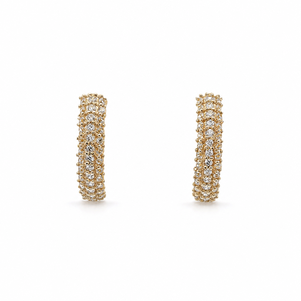 14KT Gold Earring Medium White CZ Stones Triple Row Two Tone Huggie