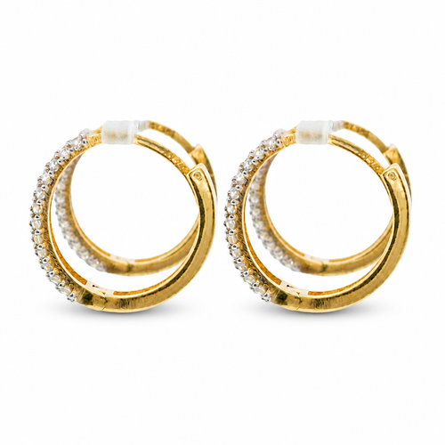 14KT Gold Earring Medium White CZ Stones Triple Row Two Tone Huggie