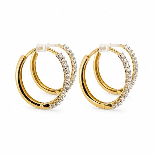 14KT Gold Earring Medium White CZ Stones Triple Row Two Tone Huggie