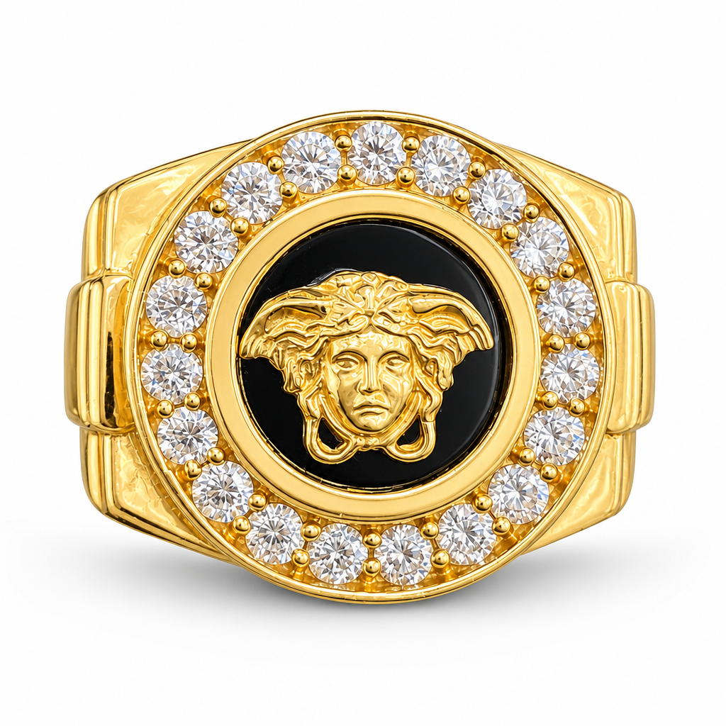 14KT Gold Ring Men's Jumbo Round Medusa Center Plain Border on Onyx Background with White CZ Stones Border Side Design Jubilee