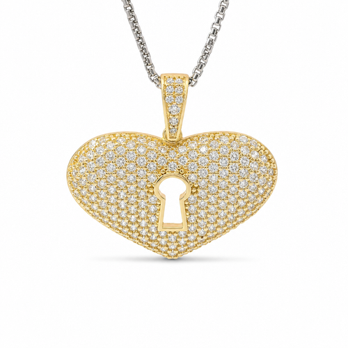 14KT Gold Charm Jumbo Keyhole Center White CZ Stones Heart with White CZ Stones Bell