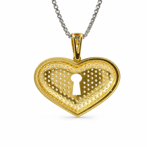 14KT Gold Charm Jumbo Keyhole Center White CZ Stones Heart with White CZ Stones Bell