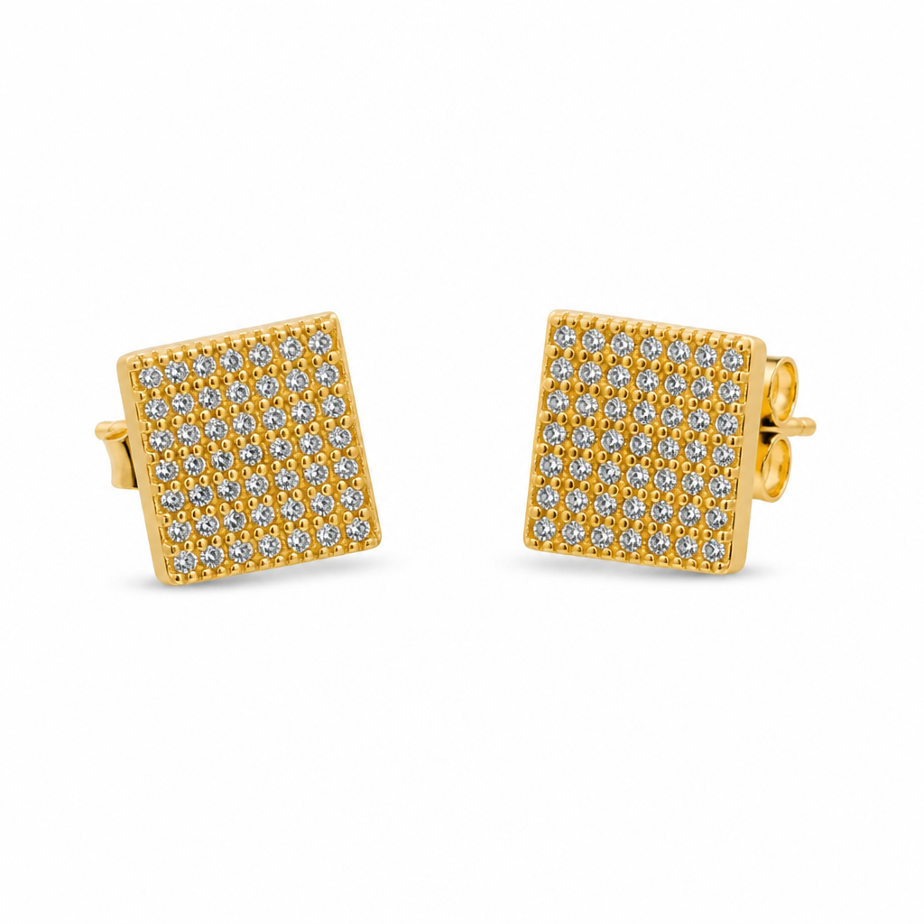14KT Gold Earring Small Square White CZ Stones Cluster with Push Back Post and Butterfly Backs