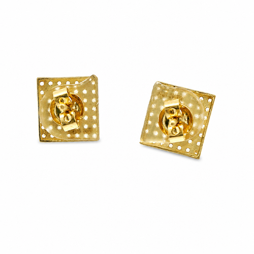 14KT Gold Earring Small Square White CZ Stones Cluster with Push Back Post and Butterfly Backs