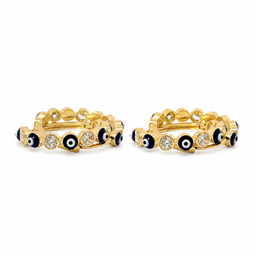 14KT Gold Earring Medium White CZ Stones Round Navy Blue Evil Eye Center with White and Navy Blue CZ Stones Border Huggie