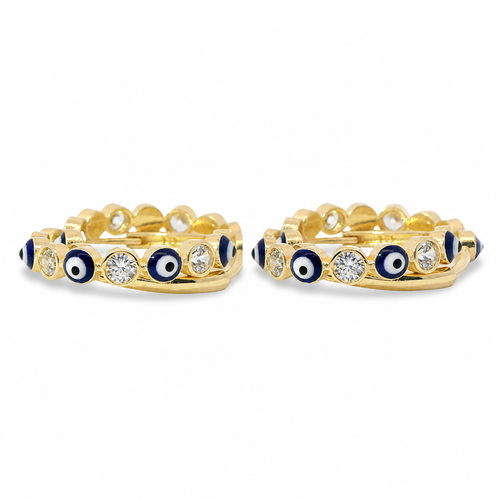 14KT Gold Earring Medium White CZ Stones Round Navy Blue Evil Eye Center with White and Navy Blue CZ Stones Border Huggie
