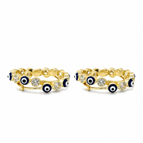 14KT Gold Earring Medium White CZ Stones Round Navy Blue Evil Eye Center with White and Navy Blue CZ Stones Border Huggie
