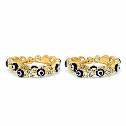 14KT Gold Earring Medium White CZ Stones Round Navy Blue Evil Eye Center with White and Navy Blue CZ Stones Border Huggie