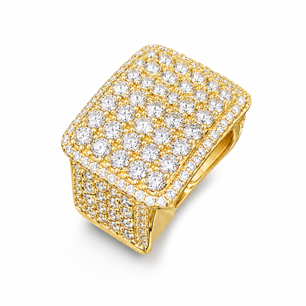 14KT Gold Ring Men's Jumbo Rectangle Five Row Cluster Center with White CZ Stones Border and Band