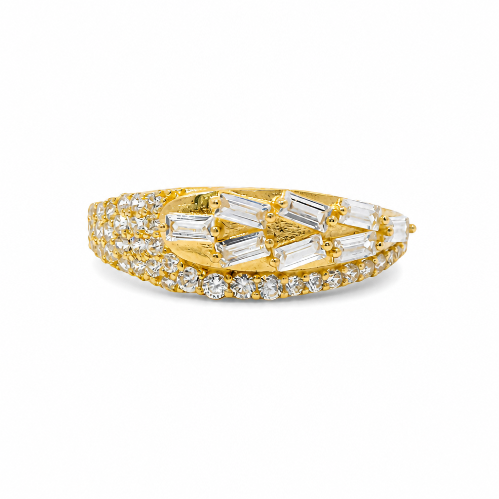14KT Gold Ring Women's Light Weight White CZ Baguette Stones Wheat Stem Closed Lasso with Round White CZ Stones Borde and Band