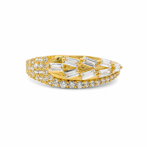 14KT Gold Ring Women's Light Weight White CZ Baguette Stones Wheat Stem Closed Lasso with Round White CZ Stones Borde and Band