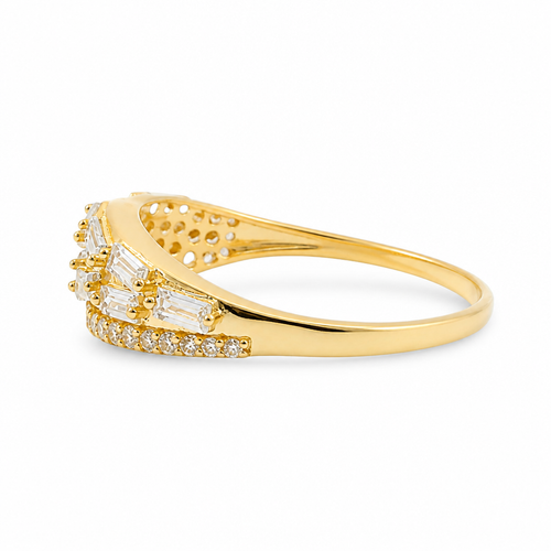 14KT Gold Ring Women's Light Weight White CZ Baguette Stones Wheat Stem Closed Lasso with Round White CZ Stones Borde and Band