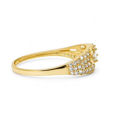 14KT Gold Ring Women's Light Weight White CZ Baguette Stones Wheat Stem Closed Lasso with Round White CZ Stones Borde and Band