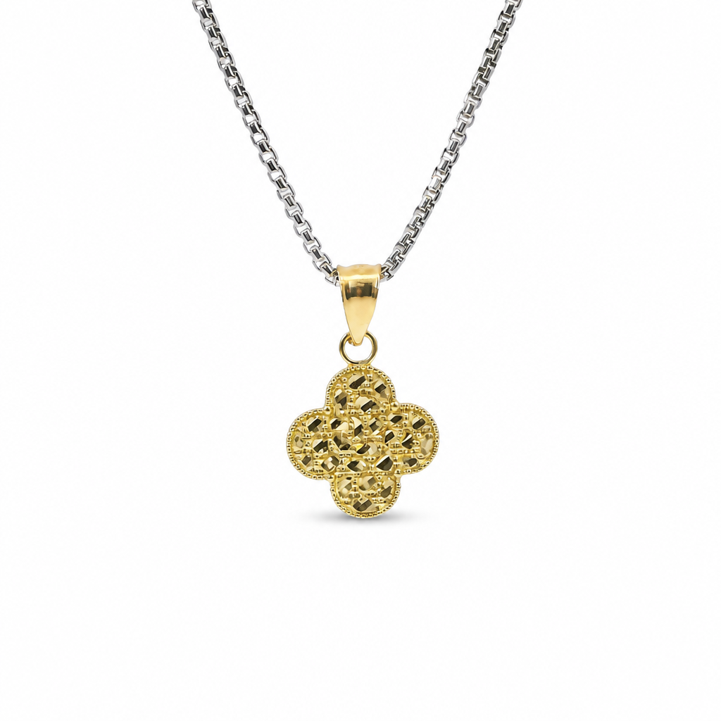 14KT Gold Charm Small Clover Nugget with Beaded Border and Plain Bell
