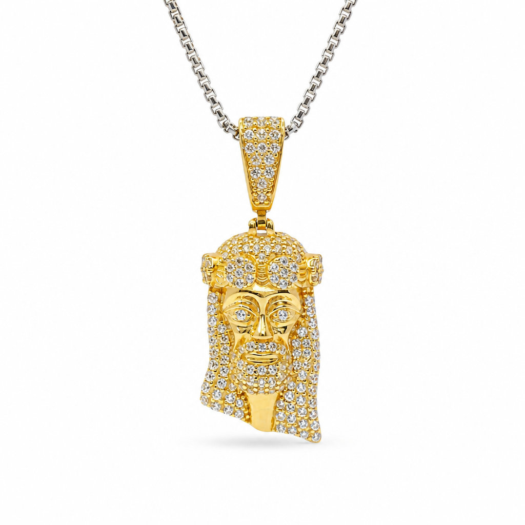 14KT Gold Charm Medium 3D Jesus Head with Flat Back and White CZ Stone Face and Bell
