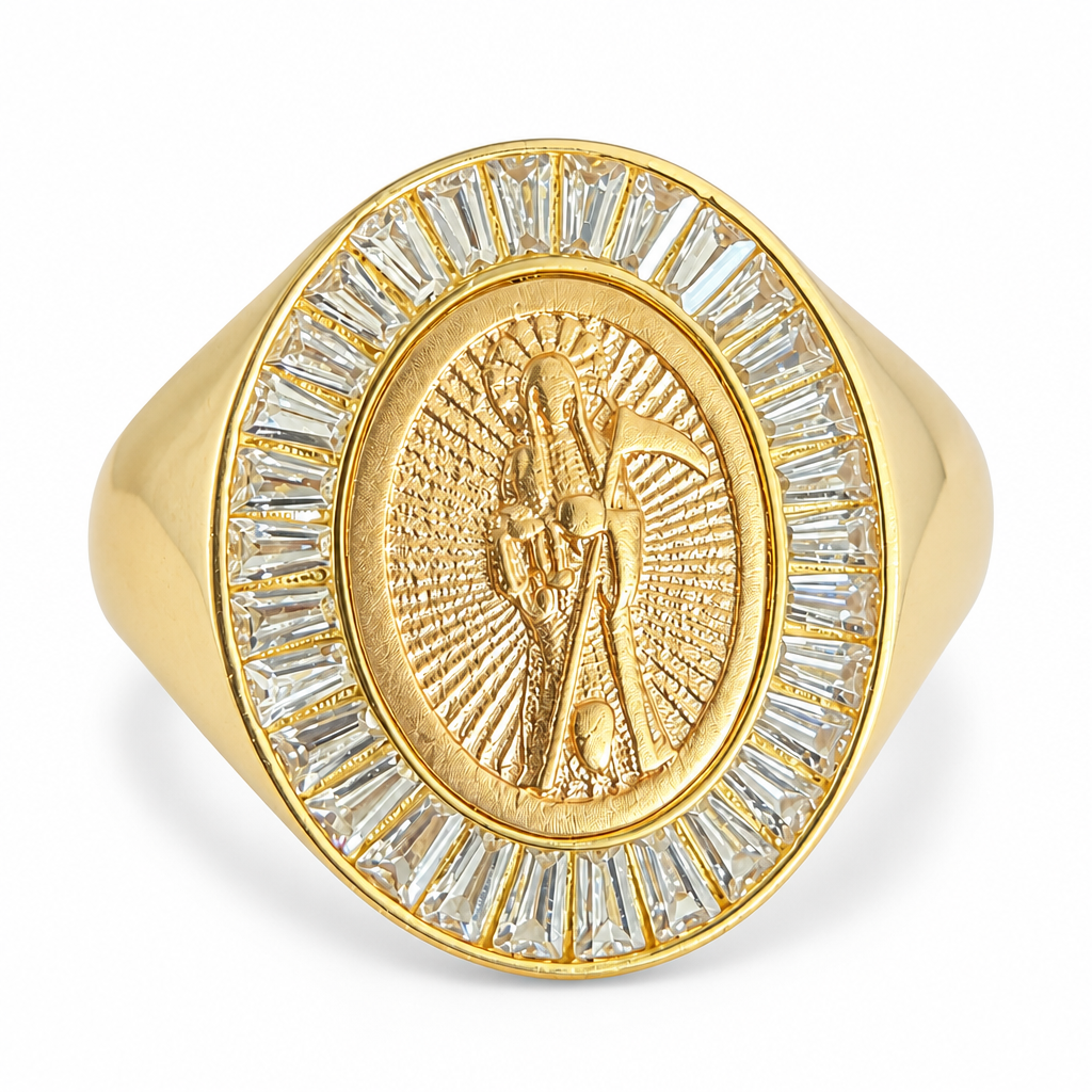 14KT Gold Ring Men's Shape Oval Two Tone Grim Reaper / Santa Muerte Coin Center with Baguette Border and Plain Band