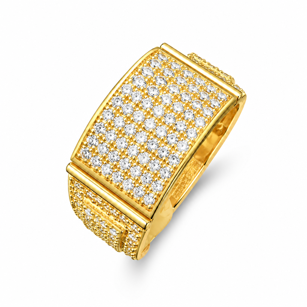 14KT Gold Ring Men's Jumbo Rectangle Seven Row Cluster Center with Plain Border, Raised White CZ Stones Square Side Design and White CZ Stones Band