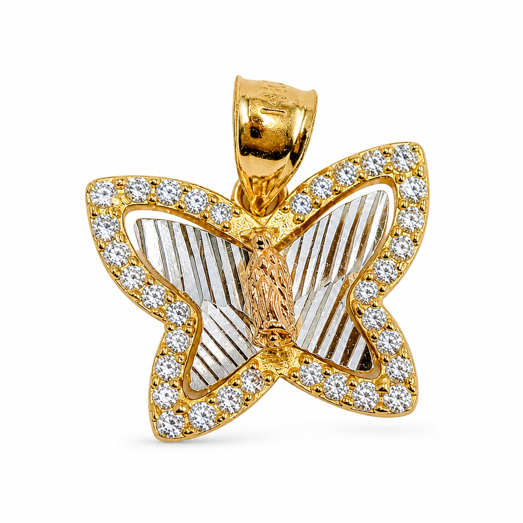 14KT Gold Charm Tri Tone Rose Gold Virgin Mary Center with Diamond Cut White Gold Butterfly Background, White CZ Stones Border and Plain Bell