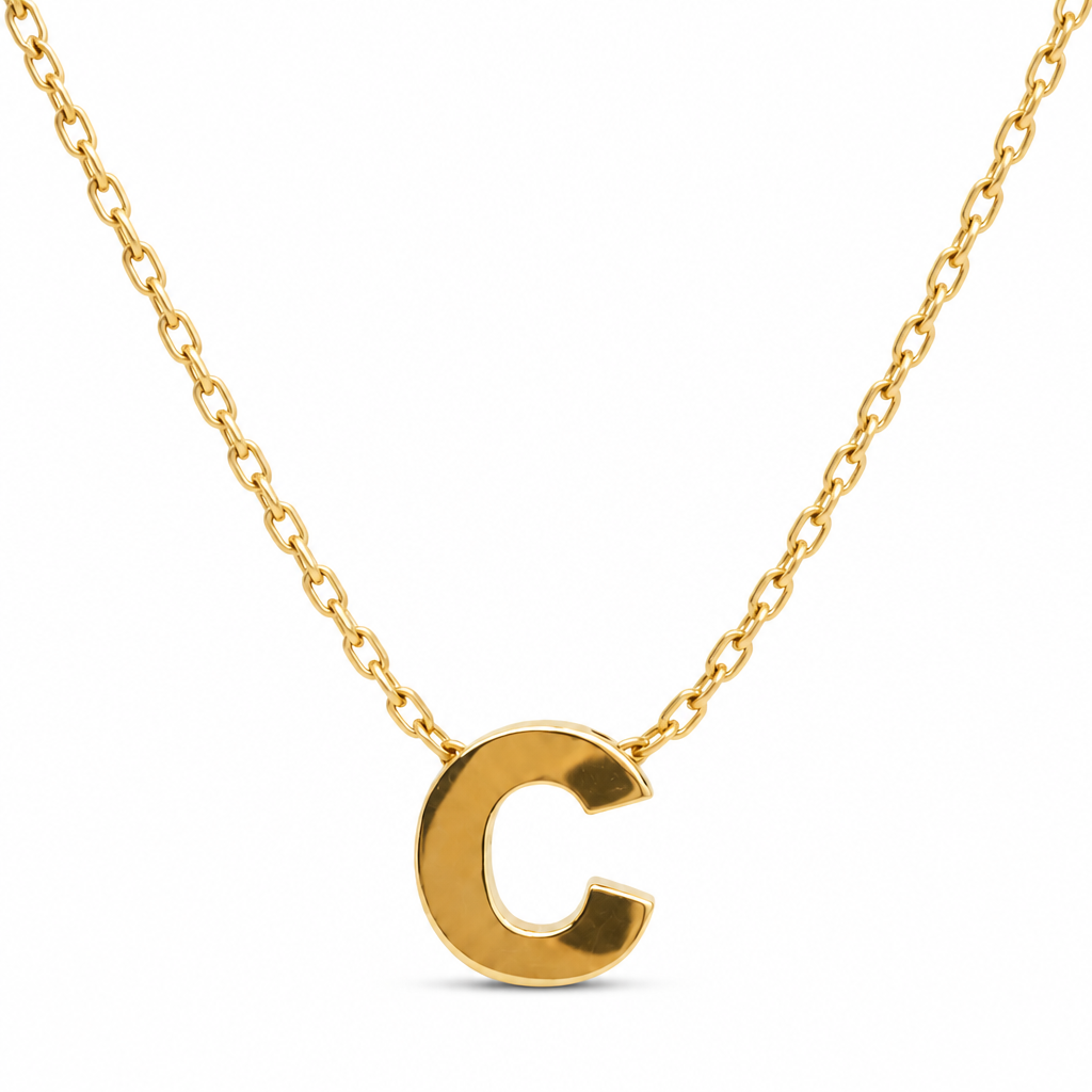14KT Gold Solid Set Thin Chain Cable Link with Spring Lock Clasp and Single Block Font Uppercase Initial "C"