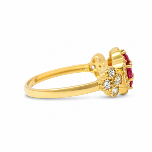 14KT Gold Ring Women's Jumbo Flower Magenta Pink Square CZ Stone Center Four Magenta Pink CZ Stone Oval Petals with Two White CZ Stone Side Flowers and Borders with Plain Band