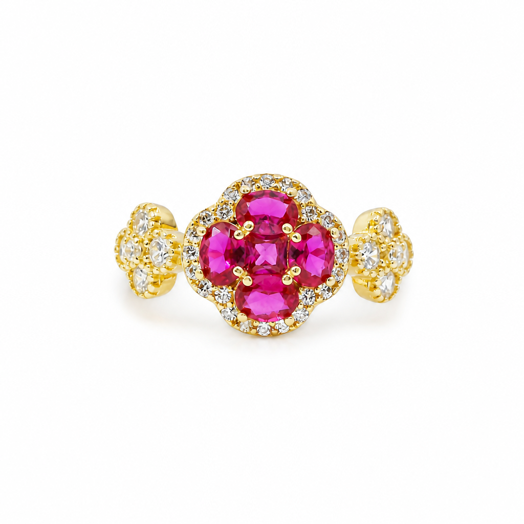 14KT Gold Ring Women's Jumbo Flower Magenta Pink Square CZ Stone Center Four Magenta Pink CZ Stone Oval Petals with Two White CZ Stone Side Flowers and Borders with Plain Band