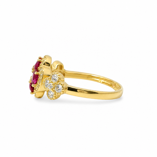 14KT Gold Ring Women's Jumbo Flower Magenta Pink Square CZ Stone Center Four Magenta Pink CZ Stone Oval Petals with Two White CZ Stone Side Flowers and Borders with Plain Band