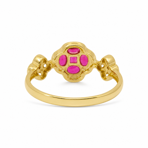 14KT Gold Ring Women's Jumbo Flower Magenta Pink Square CZ Stone Center Four Magenta Pink CZ Stone Oval Petals with Two White CZ Stone Side Flowers and Borders with Plain Band