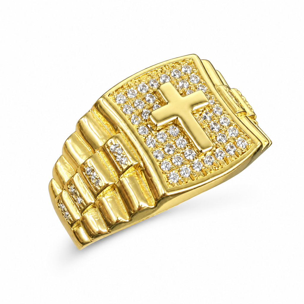 14KT Gold Ring Men's Square Two Tone Raised White CZ Stones White Gold Cross with White CZ Stones Background Side Design White CZ Stones and Watch Style White CZ Stones Band