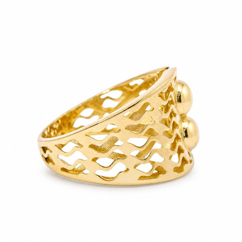 14KT Gold Ring Women's Abstract Square Bubble Dots Split Band Design Wavy Cutout Pattern Band