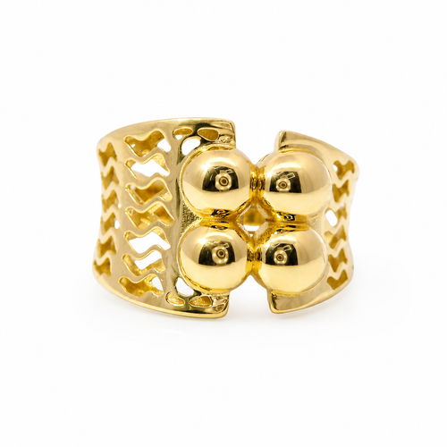 14KT Gold Ring Women's Abstract Square Bubble Dots Split Band Design Wavy Cutout Pattern Band