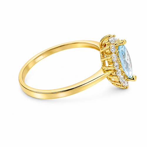 14KT Gold Ring Women's Flower Light Blue Marquise Center CZ Stone with White CZ Stone Petal Borders and Plain Band