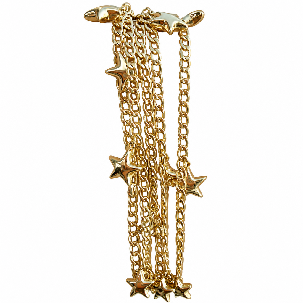 14KT Gold Hollow Curb Anklet with Puff Star Charms 2.5mm