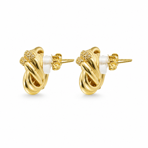14KT Gold Earrings Medium Two White CZ Stones Strand Square Knot with Open Center, Push Back Post, and Butterfly Backs
