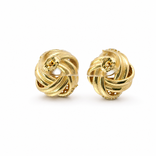 14KT Gold Earrings Medium Two White CZ Stones Strand Square Knot with Open Center, Push Back Post, and Butterfly Backs