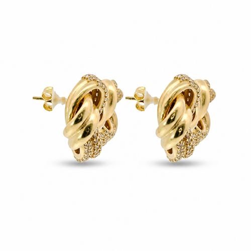 14KT Gold Earrings Medium Two White CZ Stones Strand Square Knot with Open Center, Push Back Post, and Butterfly Backs