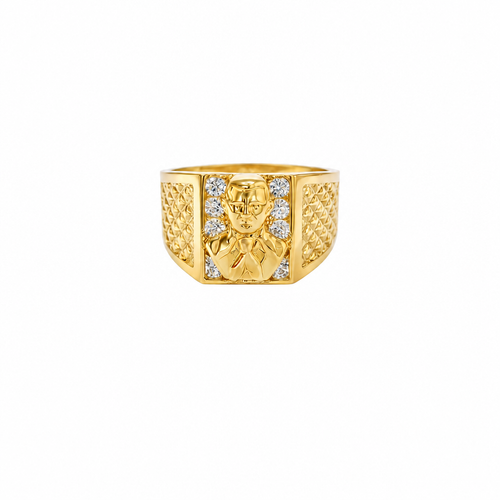 14K Gold Ring Men's Square Malverde Portrait with White CZ Stone Background Plain Border and Diamond Cuts on Each Side of the Band