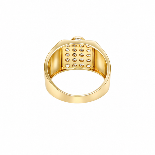 14K Gold Ring Men's Square Malverde Portrait with White CZ Stone Background Plain Border and Diamond Cuts on Each Side of the Band