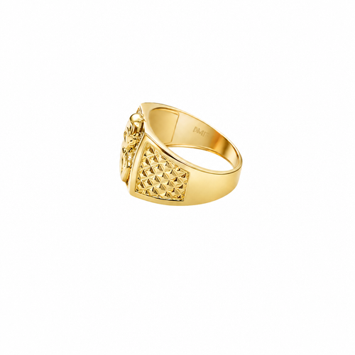 14K Gold Ring Men's Square Malverde Portrait with White CZ Stone Background Plain Border and Diamond Cuts on Each Side of the Band