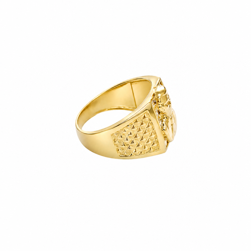 14K Gold Ring Men's Square Malverde Portrait with White CZ Stone Background Plain Border and Diamond Cuts on Each Side of the Band