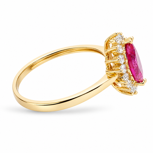 14KT Gold Ring Women's Flower Red Marquise Center CZ Stone with White CZ Stone Petal Borders and Plain Band