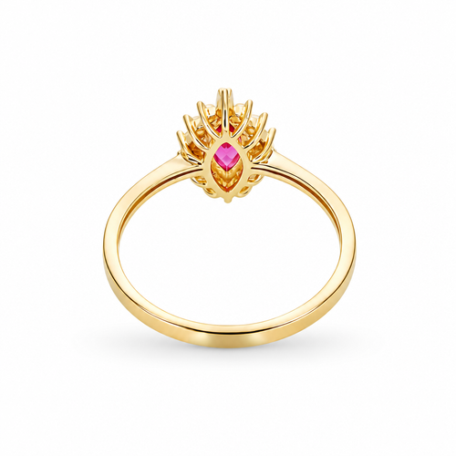 14KT Gold Ring Women's Flower Red Marquise Center CZ Stone with White CZ Stone Petal Borders and Plain Band